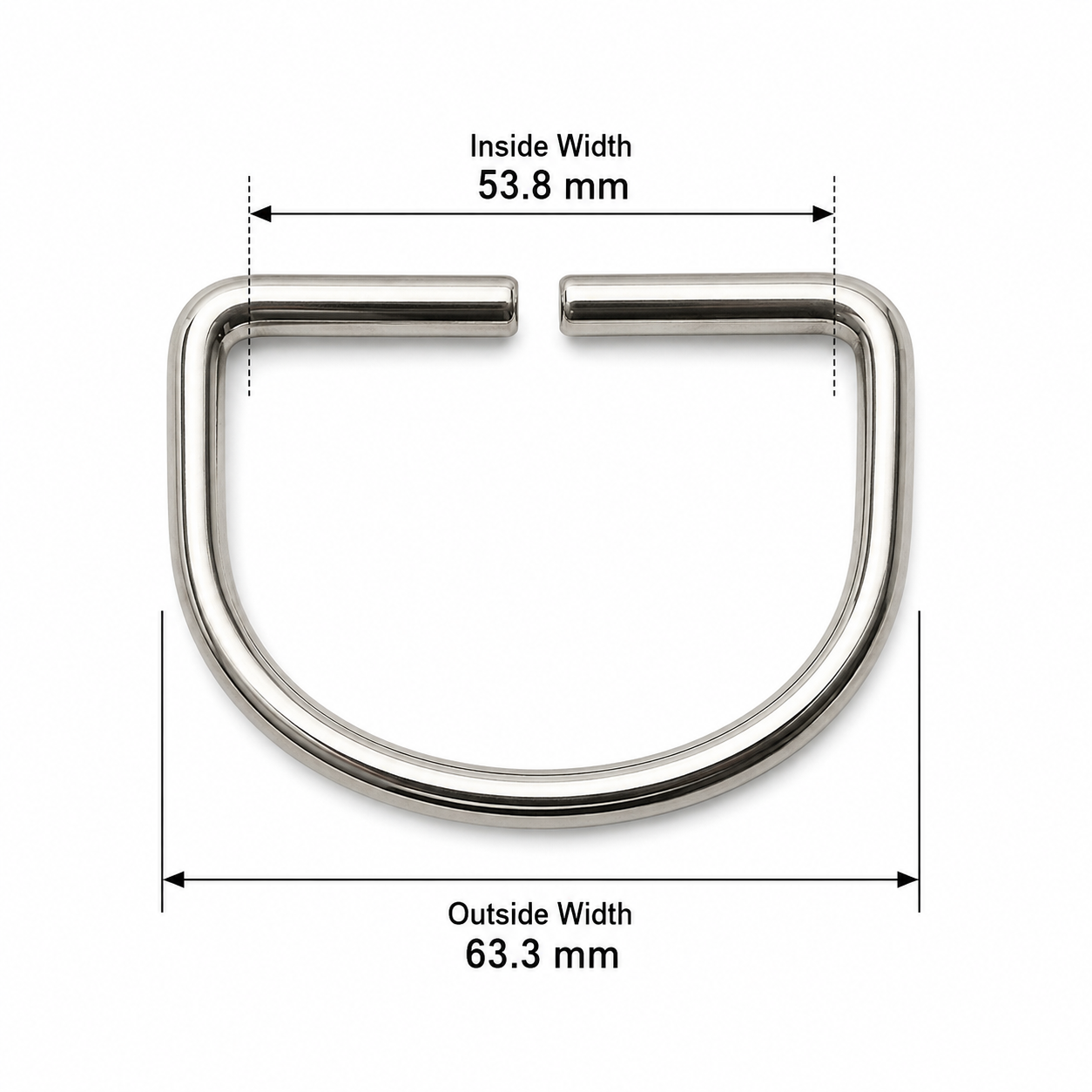 Quick-attach scuba D-ring dimensions 63.3 mm wide with 53.8 mm internal opening