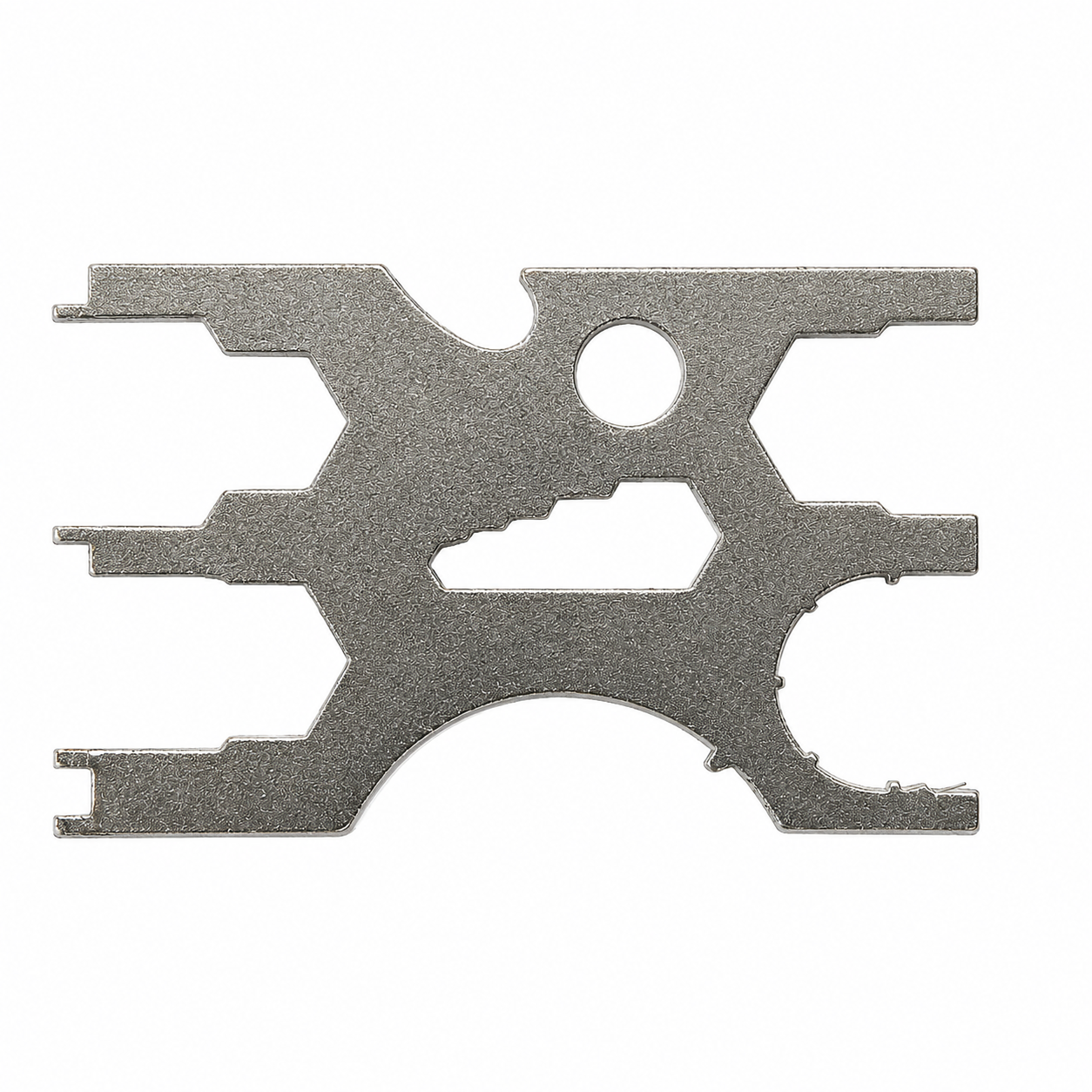 A single metallic flat tool with a textured silver finish and multiple cutouts, shown on a plain white background.