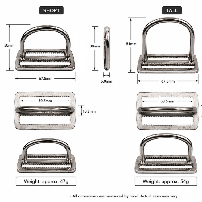 A dimension and weight comparison chart for two styles of silver metal belt buckle hardware: a SHORT version and a TALL version, plus front and side views with measurements and approximate weights on a white background.