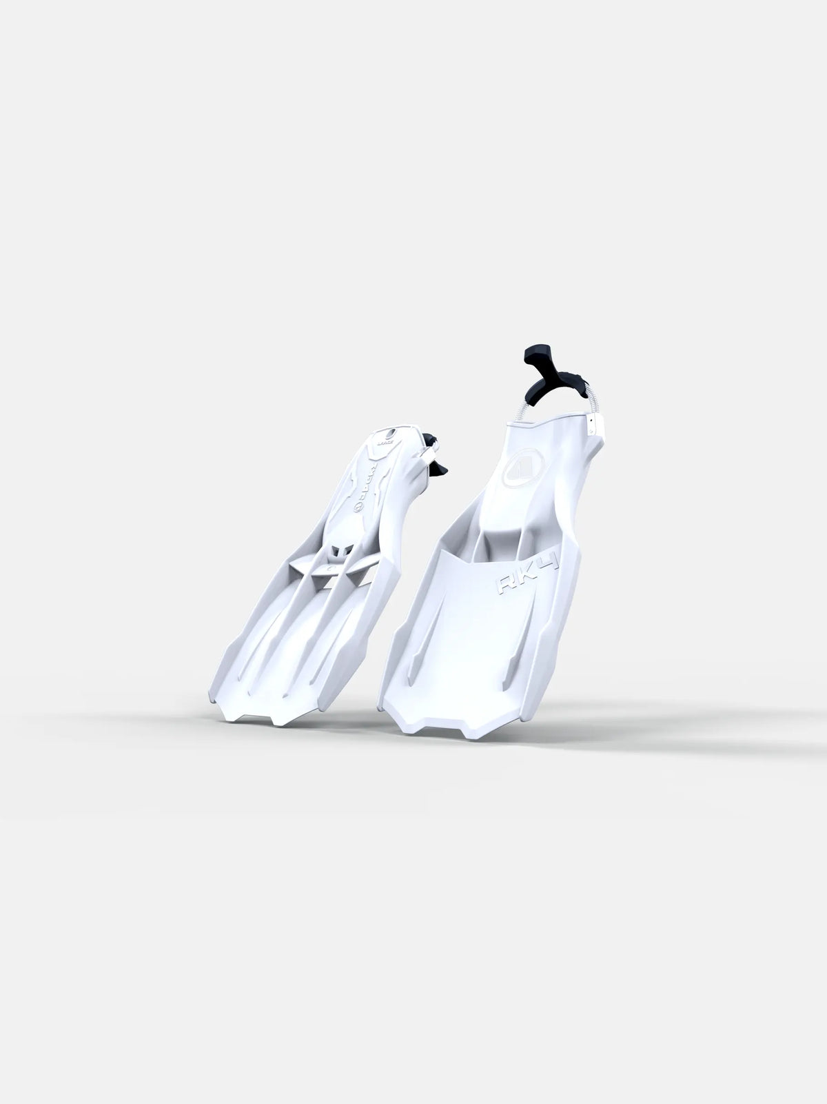 A pair of white Apeks RK4 dive fins with stainless-steel spring straps