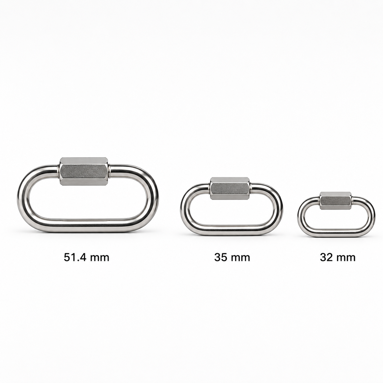 Stainless steel scuba quick links in 32mm, 35mm and 51.4mm sizes
